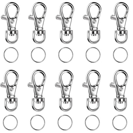 Lot de 10 porte-clés rotatifs - Mousqueton - Crochet et anneaux de porte-clés - Pivotant à 360° - Pour porte-clés, bricolage, sa