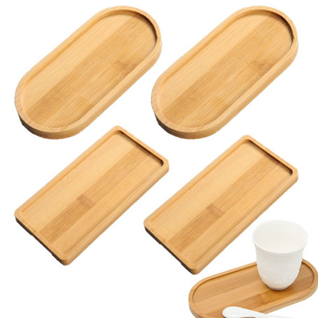 Rebanky 4 Pcs Plateau en Bambou Rectangulaire Ovales Plateau de Service en Bambou Petit Plante Bois Soucoupe Plante pour Café,Pa