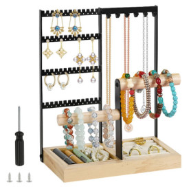 YUTUY Porte Bijoux Présentoir à Bijoux en Metal et Bois Durable,Porte-Bijoux avec Plateau et Crochets,porte collier,Rangement Bi