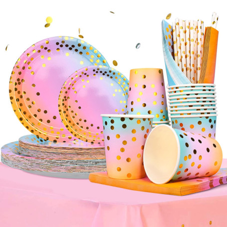 TEGOVE 176 Pièces Vaisselle Anniversaire, Kit Assiette Ann iversaire Fille Dîner Papier Anniversaire Fête Mariages Baby Shower N