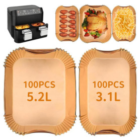 HOMIKLSA 200 Feuilles Papier Cuisson pour Friteuse Sans Huil Double Panier 5.5L-8.3L, Compatible Modèles 3000/5.2L/3.1L/3.5L, An