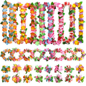 Aviski 32 Pièces Leis Décorations Collier de Fleurs, Bracelets Bandeau, pour Thème de Fête Hawaïenne Tropicale Beach Party Hawai