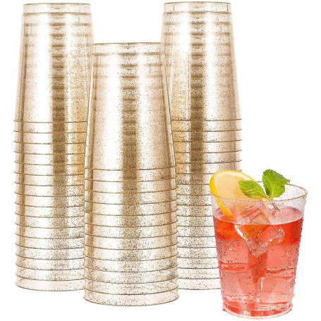 KAHEIGN 50 Pièces Paillettes D'or Tasses en Plastique, 300ml Verres à Vin Ronds Tasses à Dessert Transparentes Coupe Apéritif Pa