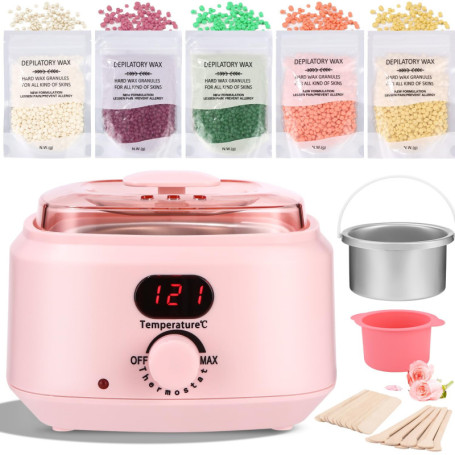 Chauffe cire epilation professionnelle, kit epilation cire 5 paquets de perles d’épilation, 1 bol en silicone et 30 bâtonnets de