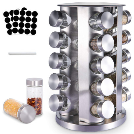 SaiXuan Présentoir à Épices 20 Pots Verre - Étagère à Épices en Acier Inoxydable Carrousel ,Pour Rangement Epices Cuisine,Barbec