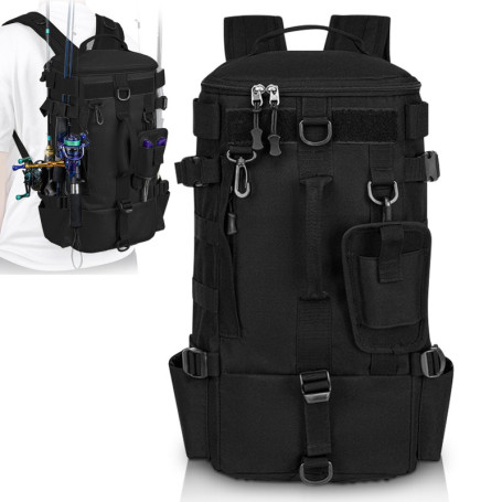 WIYETY Grand sac à dos de pêche avec porte-canne à pêche, étanche, sac à dos militaire, multifonction, pour camping, sports de p