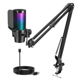 USB Gaming Micro, RGB Microphone à Condensateur, Micro Gaming avec Bras, Micro Streaming pour Mac PS4 PS5, pour Le Streaming Les