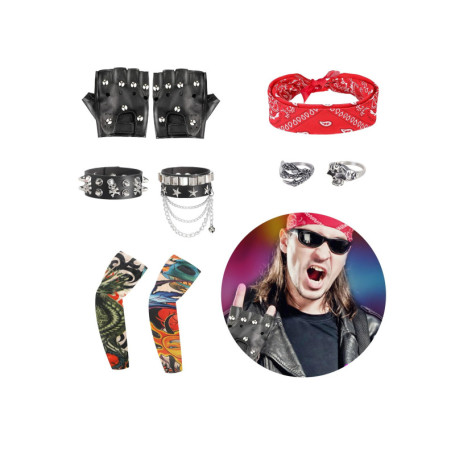 FASBET Déguisement rock star 9 pièces en métal lourd pour enfants et hommes accessoires punk accessoires Rockstar Déguisement Ro