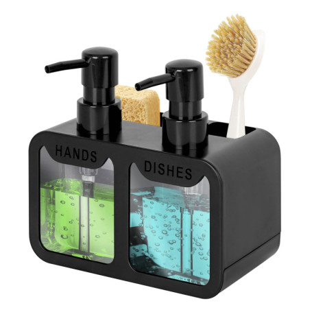 Distributeur de savon de cuisine, distributeur de savon à main et liquide vaisselle avec panier à éponge et support de brosse, o