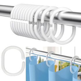12 pièces Anneau Rideau Douche, Anneaux Rideaux en Forme de C,Crochet Rideau en Plastique,Crochet Rideau Douche en Blanc,Anneaux