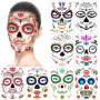 Halloween Tatouages Temporaires pour visage (8 Feuilles), Howaf Crâne mort Floral Squelette Noir Tatouages éphémères Pour homme 