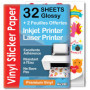Papier autocollant en vinyle imprimable de qualité supérieure - 32 feuilles - A4 brillant - Imperméable - Papier autocollant en 