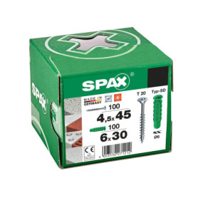 SPAX Set de vis(universelle 4,5x45) à cheville(expansion SD 6x30)Ø6 200 pièces, WIROX A9J,T-STAR plus T20, pour la fixation dans