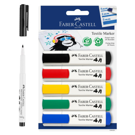 FABER-CASTELL 205066 - Set de marqueurs pour textiles pour tissus clairs, crayons pour tissus en 5 couleurs standard et crayon p