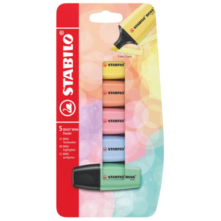 STABILO BOSS MINI Pastel - Mini surligneur - Blister carton x 5 surligneurs - coloris pastel