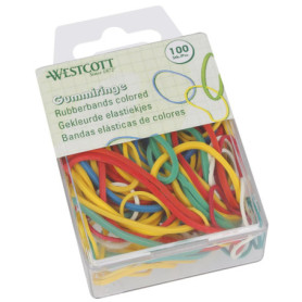 Westcott E-10582 00 Lot de 100 élastiques en caoutchouc colorés de différentes tailles dans un récipient en plastique pratique p