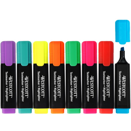 Westcott E-744252 00 Lot de 8 surligneurs aux couleurs vives Épaisseur de trait 2 à 5 mm Encre de qualité supérieure en provenan
