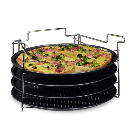 Relaxdays 10020495 Plaques de cuisson pizza lot de 4 avec support HxlxP : 20 x 32 x 32 cm avec perforation revêtement antiadhési