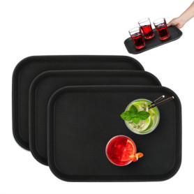Relaxdays Plateau de Service, Lot de 3, Surface antidérapante, Forme rectangulaire, Restaurant, LxP: 35x25 cm, Noir
