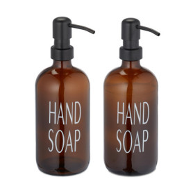 Relaxdays Distributeur de Savon, Lot de 2, Porte-Savon Liquide, Rechargeable, tête de Pompe, Inscription, 500 ML, Marron