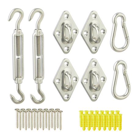 Relaxdays Kit de Fixation pour Voile d'ombrage, 40 pièces, Acier Inoxydable, tendeurs, mousquetons, œillets, argenté
