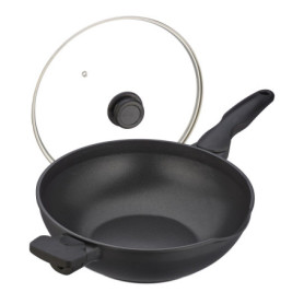 Relaxdays Poêle Wok avec Couvercle, D : 30 cm, Aluminium, Anti-adhésif, poignées, Four à gaz et électrique, Noire