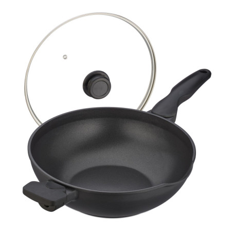 Relaxdays Poêle Wok avec Couvercle, D : 30 cm, Aluminium, Anti-adhésif, poignées, Four à gaz et électrique, Noire