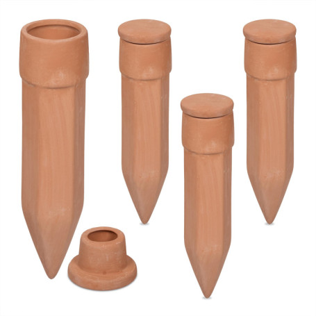 Relaxdays Cônes d'arrosage Terre Cuite, 4 pièces, Aide à l'arrosage avec Couvercle, pour Bouteilles de 1,5 l, Terracotta