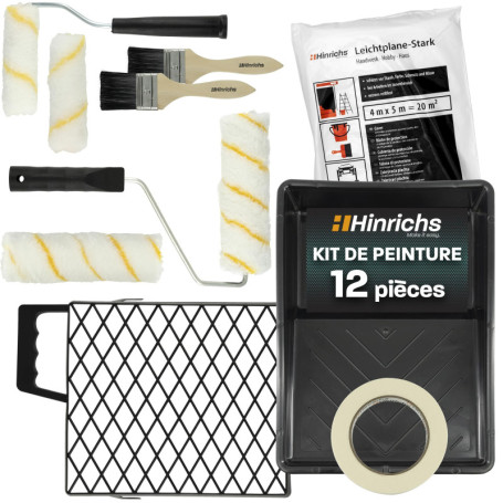Hinrichs Kit Peinture Mur et Plafond de 10 pièces comprenant un bac peinture, une bâche, un ruban de masquage, 2 pinceaux, 4 rou