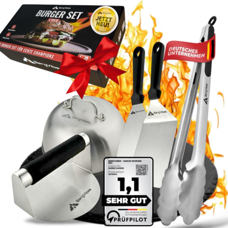 BERGVIBES Smash Lot de 5 hamburgers en acier inoxydable pour plancha, cloche à hamburger, spatule pour barbecue, spatule à barbe