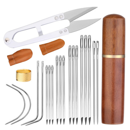 23 aiguilles en cuir de cuir 7 tailles d'aiguilles à coudre de la main en cuir, aiguilles incurvées avec lit de doigt, ciseaux p