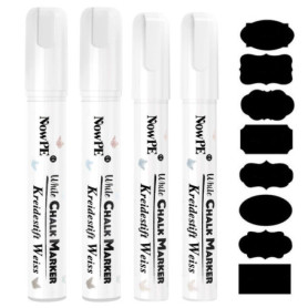 NowPE Feutre Craie Blanc, 2 Pièce Marqueurs Craie 6mm + 2 Pièce Stylo Craie Liquide 10mm + 16 Etiquettes de Tableau, Effacable a