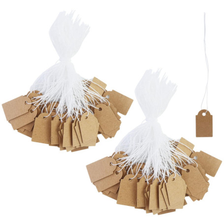Lot de 200 mini étiquettes de prix avec cordon élastique - 25 x 15 mm - Marron - Petites étiquettes à suspendre - Étiquettes de 