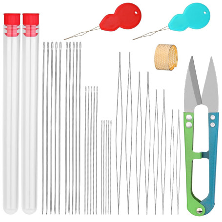 Reovin Lot de 28 aiguilles à perles avec aiguilles à fil, aiguilles à broder à grand chas, dé à coudre, flacon d'aiguille, enfil