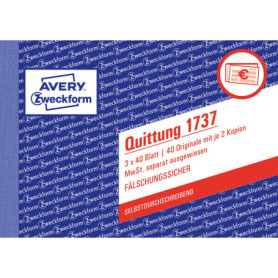 Avery Dennison Zweckform reçu TVA Présenté séparément 1ère 2ème et 3ème Page Papier Imprimé non-carbon A6 sur, 3 x 40 pages (tex