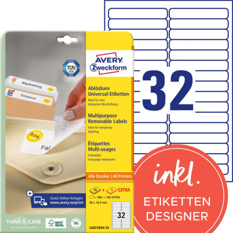 Avery Zweckform L6031REV-25 Paquet de 25 feuilles d'étiquettes enlevables multiusage pour marquage temporaire 96 x 16,9 mm (Impo