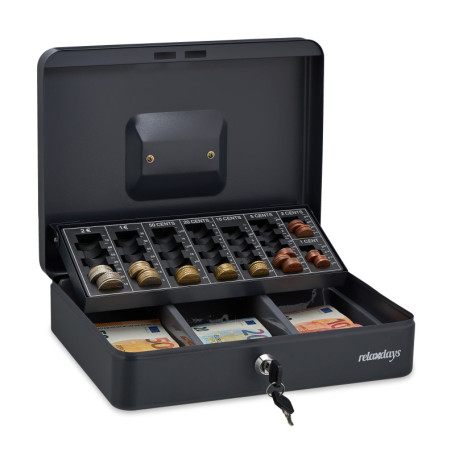 Relaxdays Caisse à Monnaie, verrouillable, monnayeur, Acier, 2 clés, pièces et Billets, HLP : 9 x 30 x 23,5 cm, Grise