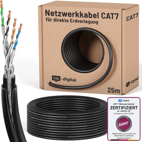 HB-DIGITAL Câble réseau extérieur CAT 7 de 25 m pour pose directe à la terre S/FTP AWG23/1 en cuivre pur - Double gaine en PVC +