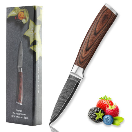 WAKOLI Edib Couteau d'office en Damas I Lame tranchante de 8,5 cm en acier damassé à 67 couches avec noyau VG10 et manche en boi