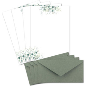 Lot de 25 feuilles de papier à lettres naturel A4 crème avec motif branches d’eucalyptus et enveloppes DL vert eucalyptus Papier