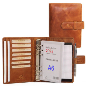 ALMADIH Agenda en cuir vrai A6 avec calendrier 2025 + bloc-notes - marron deluxe Portefolio Porte documents Timer Chemise de dos