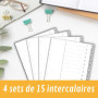 perfect line Lot de 4 intercalaires de classement DIN A4 en plastique (PP), 15 onglets (15 pièces), gris, intercalaires pour dos