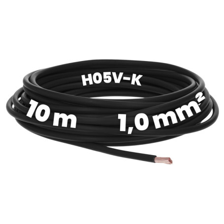Kalitec Câble de câblage H05V-K 1 mm² noir de 10 m - Flexible - En PVC - Toron 1 mm² - Câblage à fil fin - Câble unique - Câble 