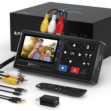 PORTTA Convertisseur VHS vers Numérique, Numerisation Cassette Video avec télécommande, RCA to HDMI Converter Compatible avec VH