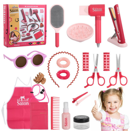 Litinliv 22 Pièces Jouets de Salon de Coiffure pour Filles, Jeu de Simulation de Coiffeur, avec Sèche-Cheveux, Fer à Friser et C