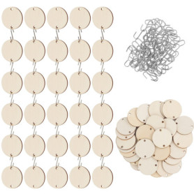 Belle Vous Lot de 100 Rondin de Bois Deco Brut avec Crochets en S - 3,4 cm - 2,5 mm Cercle Bois Naturel Pré-Percé - Bricolage, T