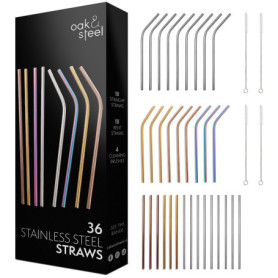 Oak & Steel - 36 Pailles en Acier Inoxydable & 4 Brosses avec Boîte-Cadeau (4 Couleurs) - Écologiques, Réutilisables & Lavables 