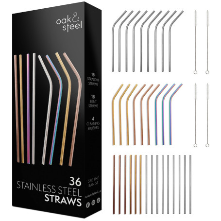 Oak & Steel - 36 Pailles en Acier Inoxydable & 4 Brosses avec Boîte-Cadeau (4 Couleurs) - Écologiques, Réutilisables & Lavables 