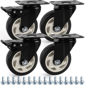 Kurtzy (Lot de 4) Roulettes Pivotantes Noir - Roulette Meuble de 100 mm avec Roues en Caoutchouc, Vis, Freins et Plaques en Méta