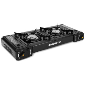 BLOSTM Réchaud de camping portable à gaz – Réchaud de camping à double brûleur avec système d'allumage automatique et contrôle d